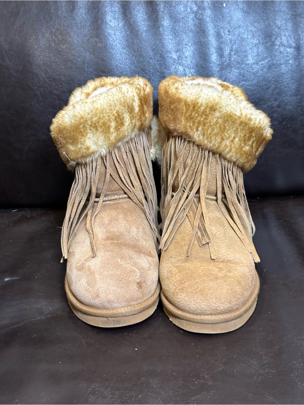 LAMO Suede Fringe Wrap Winter Boots Chestnut Brown - Women's Size 8